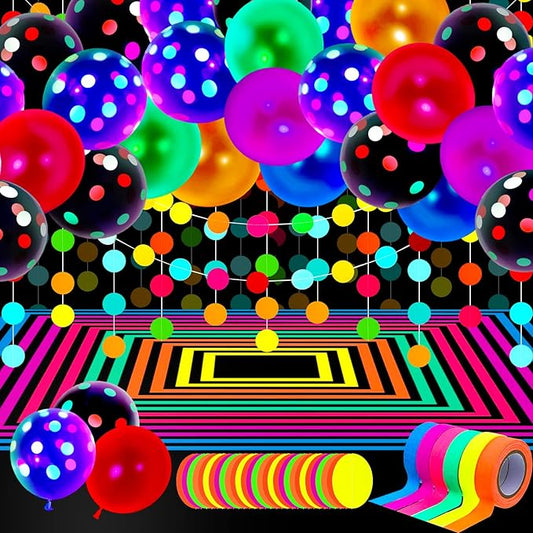 Skylety 32 Pcs Glow in The Dark Party Supplies Neon Party Favors with 25 Fluorescent Balloon 6 Rolls 98.4 ft UV Blacklight Luminous Tape 14.4 ft Neon Streamer Garland for Adults(Classic Big Dot)