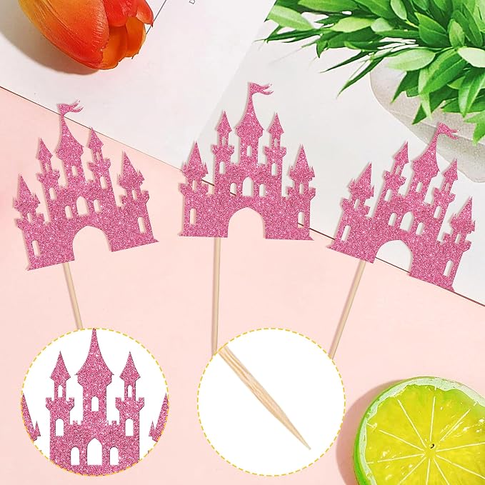 24 PCS Castle Cupcake Topper Princess Cupcake Toppers Castle Theme Birthday Party Decorations Queen Castle Cupcake Picks for Princess Prince Birthday Baby Shower Party Cake Decorations Supplies Pink