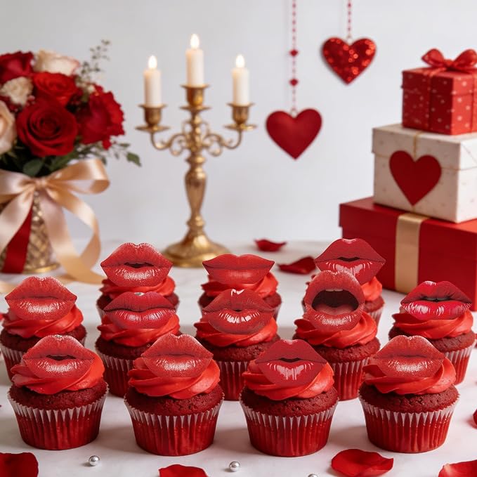 54PCS Edible Red Lips Cupcake Toppers Wafer Paper Kiss Lips Cupcake Picks Happy Valentine's Day Cake Decor for Valentine's Day Theme Party Birthday Decoration Supplies