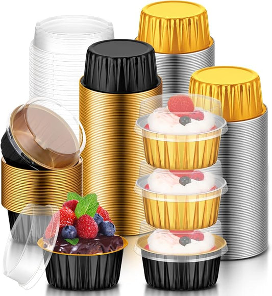 120 Pcs Aluminum Foil Baking Cups Mini Cake Pans with Lids 5 oz Cupcake Liners Disposable Muffin Tins Wrappers Baking Foil Ramekins Pans Aluminum Cupcake Cups for Birthday Party(Black, Gold)
