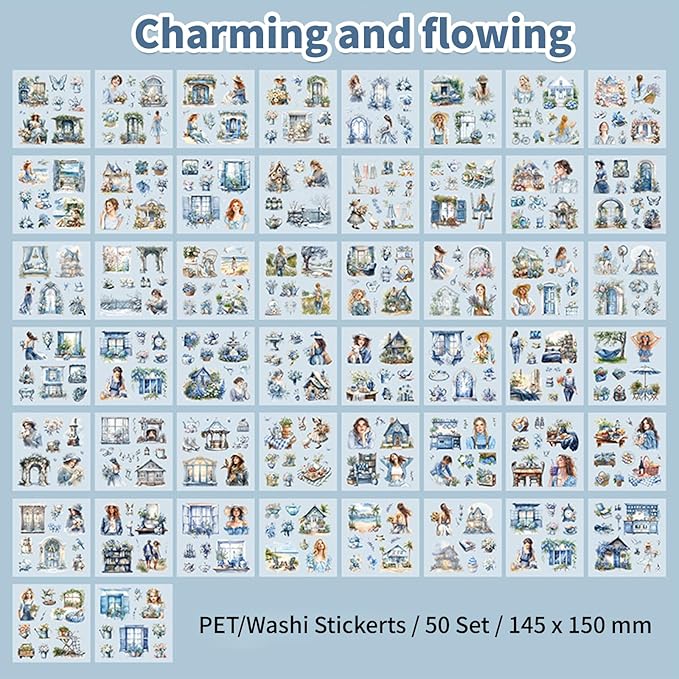 Charming Circulation Theme Sticker Scrapbooking Supplies for Junk Journal, 50 Sheets Washi Stickers - Vintage Journaling Stickers
