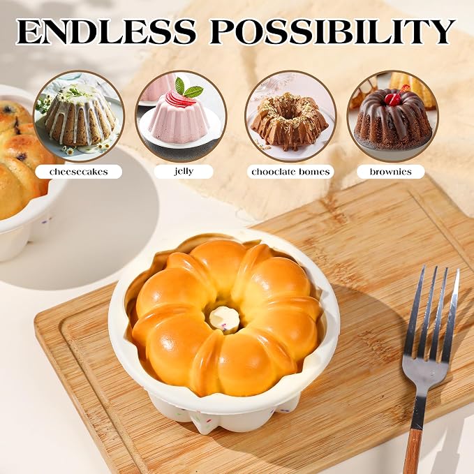 4 Inch Silicone Mini Fluted Tube Cake Pans with Metal Frame, 12 Pcs Nonstick Mini Flan Molds for Baking, BPA Free – Individual Reusable Jello Mold for Small Business or Home Baker(Cream)