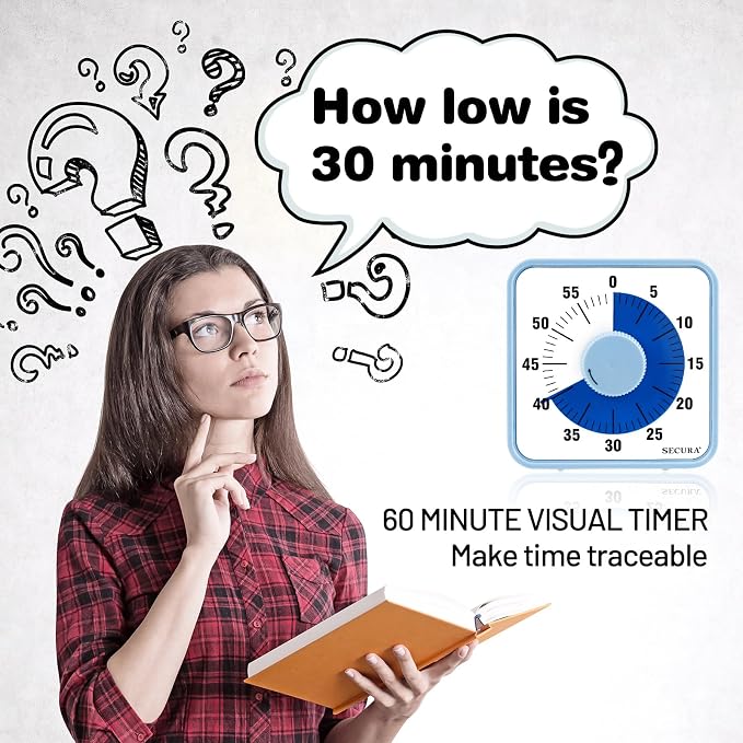 Secura 60-Minute Visual Countdown Timer, 7.5-Inch Oversize Classroom Visual Timer for Kids and Adults, Durable Mechanical Kitchen Timer Clock with Magnetic Backing (Navy Blue)
