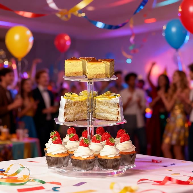 3-Tier Rotating Cupcake Stand, Clear Acrylic 360° Spinning Dessert Display Tower for Cakes & Pastries, Serving Stand for Weddings, Birthdays, Parties - Polygon