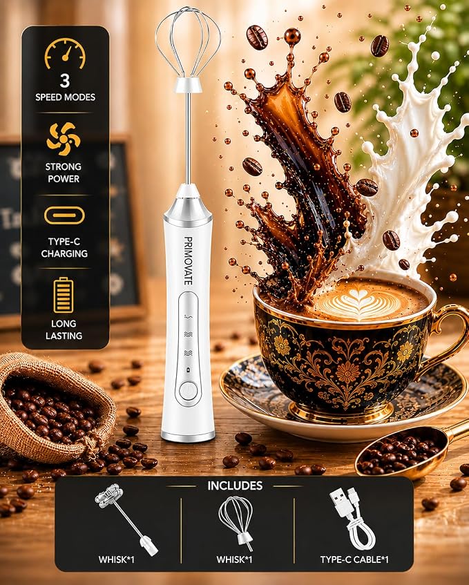 Rechargeable Milk Frother Handheld, Electric Coffee Frother with 2 Whisk, 3-Speed Powerful Drink Mixer, USB-C, Milk Foamer for Coffee, Latte, Cappuccino,Matcha & HotChocolate(White no Stand)