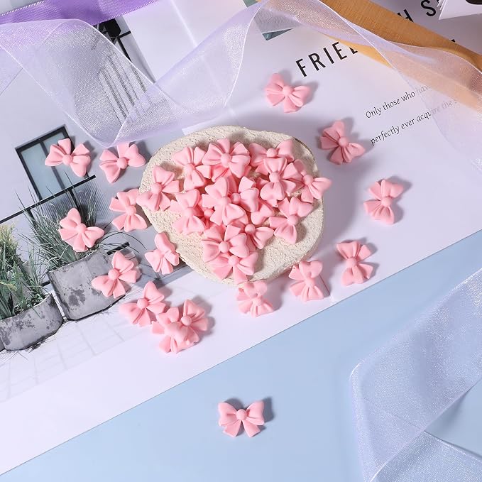 Bewudy 50Pcs Pink Bow Cupcake Toppers, Bowknot Cake Decorations Birthday Decorations for Theme Parties Bridal Engagement Wedding Baby Showers Birthday Party (Not Edible)