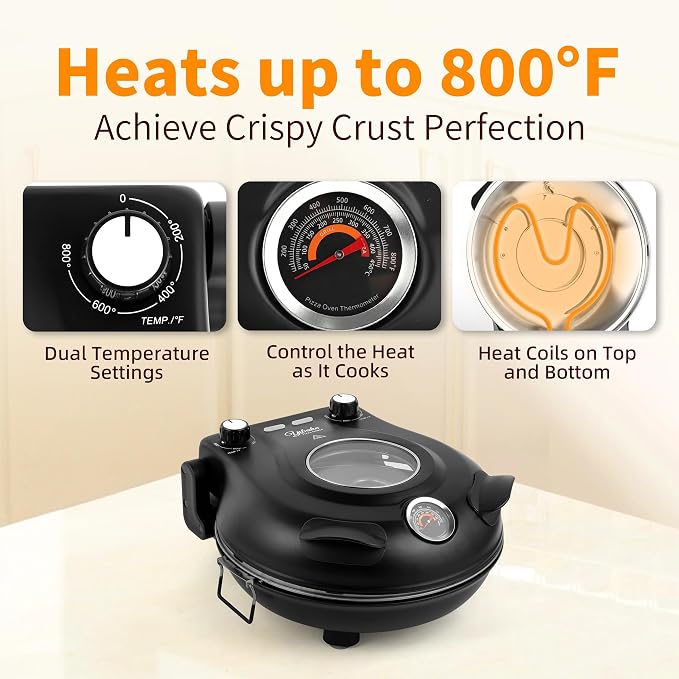 Electric-Pizza-Oven, 12'' Indoor-Electric-Pizza-Maker, 1200W Countertop Pizza Maker Machine with Dual Temp Control, Crispy Crust Pizzas in Minutes, Black