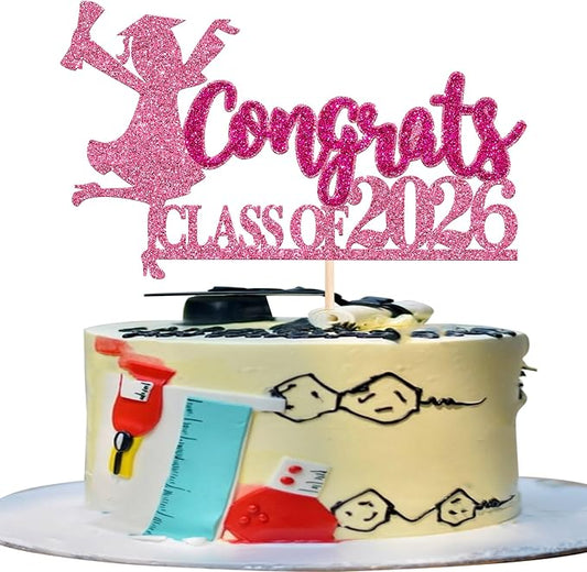 1 Pack Congrats Class of 2026 Cake Toppers Graduation Girl Cake Picks Glitter 2026 Graduation Cake Decorations for Theme High School Girls Graduate Cake Decorations Party Supplies Pink 2