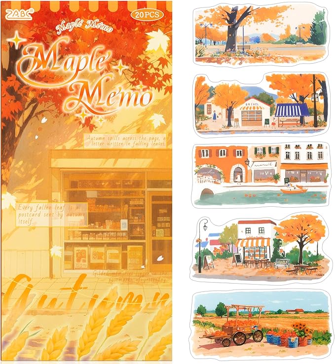 Autumn Series Sticker Scrapbooking Supplies for Junk Journal, 10 Sheets PET Stickers and 10 Sheets Washi Stickers