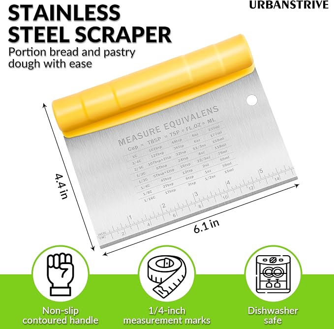 Urbanstrive Bench Scraper for Baking, Stainless Steel Dough Cutter and Scraper Tool Kitchen, Kitchen Scraper Food Scraper Tool Pizza Cutter Food Chopper, Multi-Purpose Kitchen Gadgets, Yellow