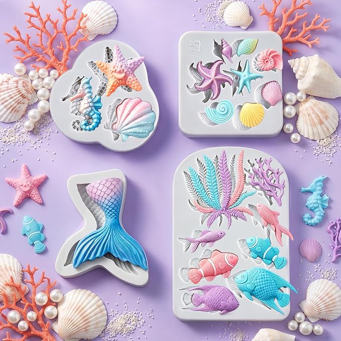 MEMOVAN Mermaid Theme Cake Fondant Mold 4PCS Marine Silicone Mold | Seahorse Seashell Star Fish Mermaid Tail Cupcake Mold for Chocolate Candy Cake Decoration Polymer Clay Gum Paste Craft