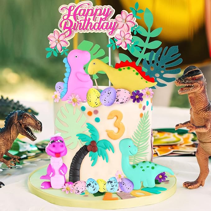 Marsui 35 Pcs Dinosaur Cake Topper, Dinosaur Cake Decorations with Happy Birthday Sign for Girls Birthday Baby Shower Safari Animal Themed Party