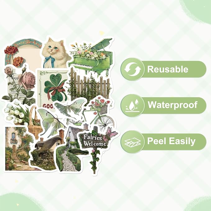 50 Pcs Cottagecore Stickers for Scrapbooking, Waterproof Vinyl Green Vintage Botanical Stickers for Laptops Water Bottles Journals, Aesthetic Decorative Decals for Teens Students Adults