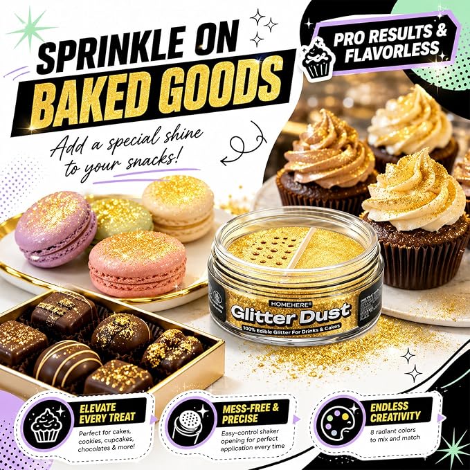 HomeHere Edible Glitter for Drinks & Cakes, 10g Food Grade Disco Diamond Glimmer Dust, Sparkle Powder for Cocktails, Chocolate, Baking Decorations, Vegan& Tasteless (Golden)