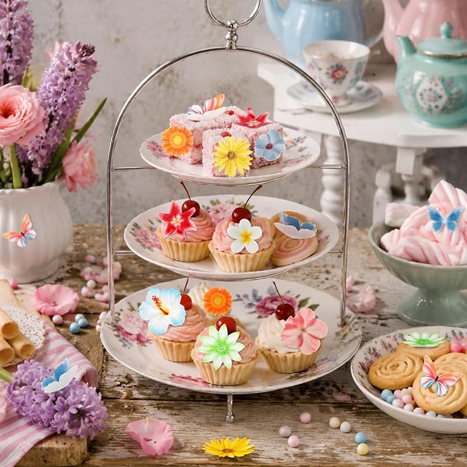60PCS Edible Flowers and Butterfly Cake Decorations Edible Butterfly and Flowers Cake Topper Cupcake Toppers for Wedding Spring Tea Party Flower & Butterflies Themed Birthday Baby Shower