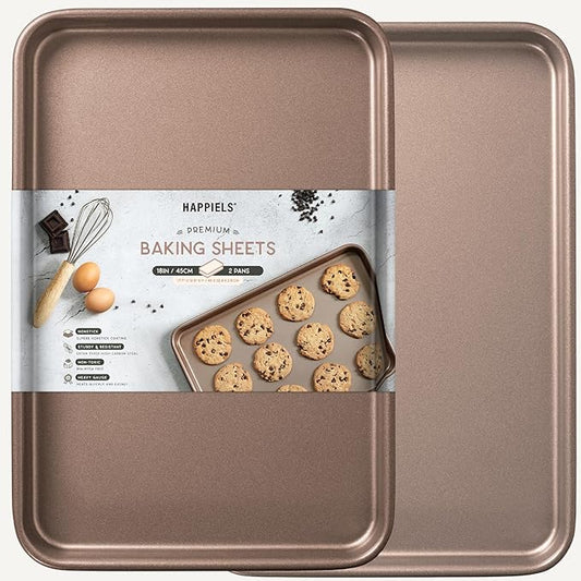 HAPPIELS Nonstick Baking Sheet Set of 2 | PFOA & BPA Free Non Toxic Carbon Steel Cookie Sheets | Best Non Stick Oven Cooking Pans & Half Sheet Pan | Best Nontoxic Baking Trays 18 Inch | PFOA & BPA Free Non Toxic 18x13 inches Large Baking Trays