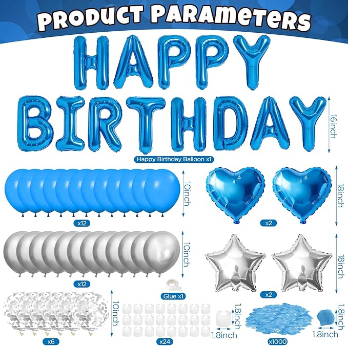 Blue Happy Birthday Balloons Decorations Light Blue Silver Birthday Balloon Letters Banner with Star Heart Balloons 1000 Pcs Artificial Rose Petals 24 Flameless LED Candles for Birthday Party Supplies