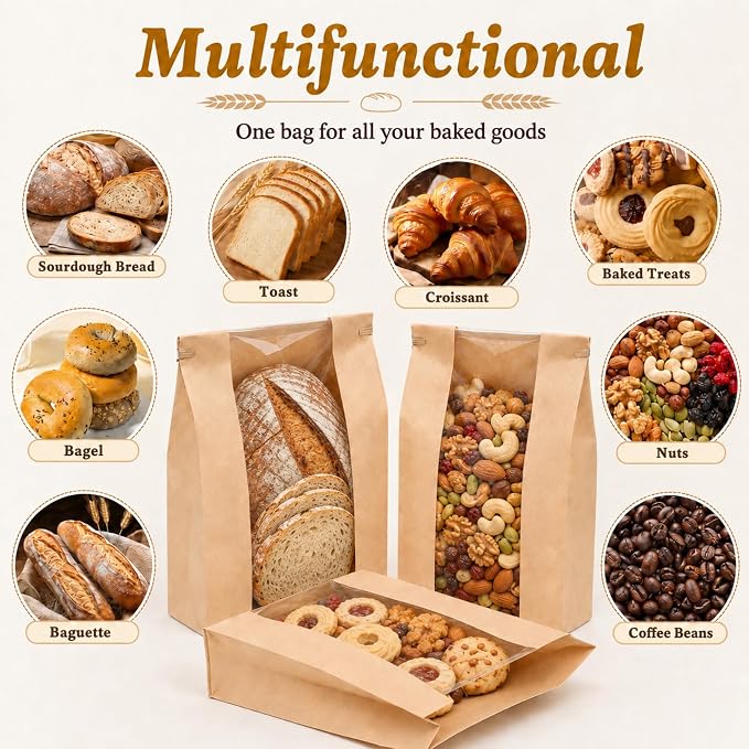 NPLUX 50 Pack Sourdough Bread Bags for Homemade Bread with Tin Tie Tab Lock Bakery Bags with Window kraft Bag for Toast Sandwich Cookie Snacks, Graduation Gift Bags(8.27x13.6x3.54In)