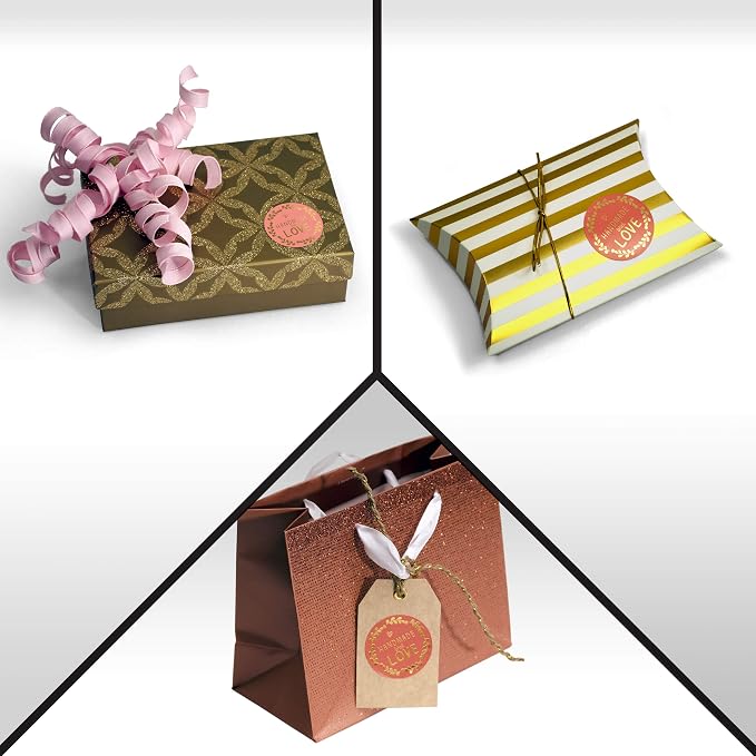 Kenco 1.5" Inch Handmade with Love Stickers, Made in The USA! for Envelopes, Boxes, Packaging and More - 500 Labels Per Roll (2 Pack 1,000 Stickers, Pink and Gold FOIL)
