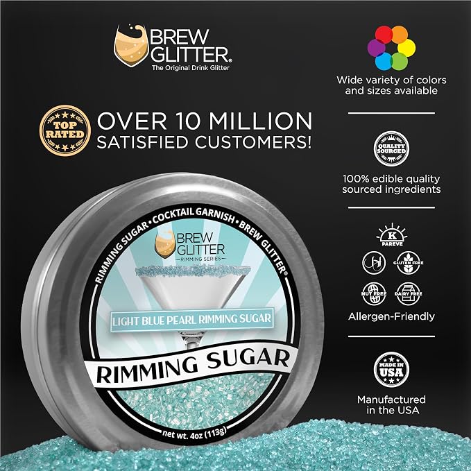 Brew Glitter - Light Blue Pearl Rimming Sugar (1LB, 1x Resealable Bag) Cocktail Garnish for Mixed Drinks & Refreshments