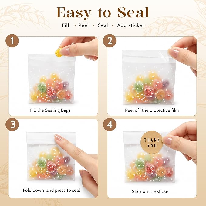 NPLUX 200PACK Self Sealing Cellophane Treat Bags Clear Cookie Bags for Gift Giving with Stickers, Party Favor, Graduation Gift Bags(White Polka Dot, 4X4INCH)