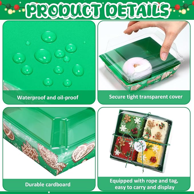 Outus 100 Pack Christmas Charcuterie Boxes with Clear Lids, Paper Dessert Boxes to Go with Gift Tags Rope Disposable Party Favor Treat Food Containers for Cookies, Donuts, Muffins, Salad, and Pastry