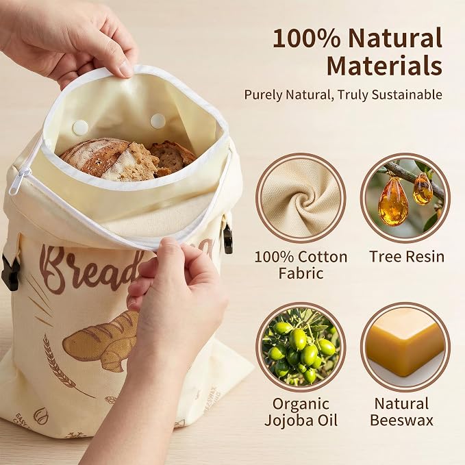 2 Pack Beeswax Bread Bags, X-Large | Detachable Liner & Handles, Organic Cotton Wrap, Eco-Friendly & Washable, For Homemade Sourdough, Reusable Food Storage