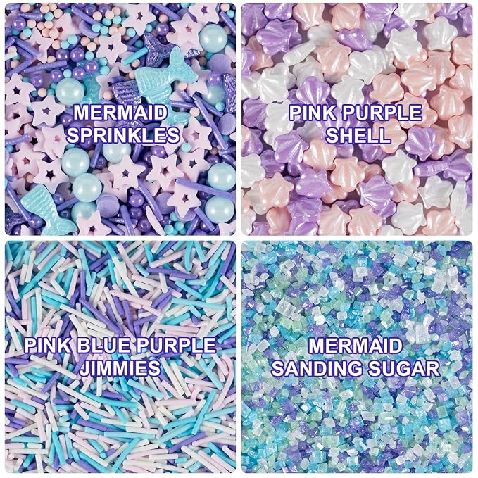 Edible Mermaid Sprinkles 4 Cell Pink Blue Purple Shell Pearls Sugar Jimmies Nonpareils Sanding Sugar Sprinkle Mix for Cake Decorations Baking Ice Cream Cookies Cupcake Topper 6.5 ounces
