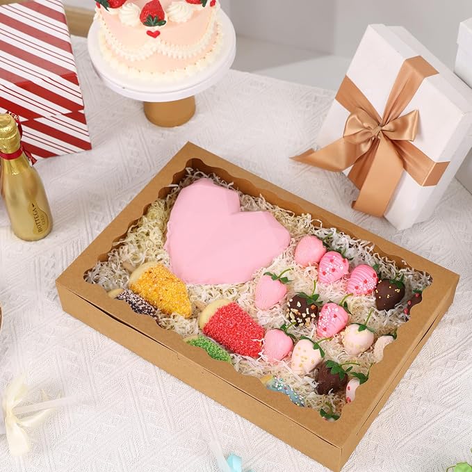 TOMNK 25pcs 16x11x2.5 Inch Cookie Boxes, Donut Boxes with Window for Bakery, Treats, Desserts, Chocolate Covered Strawberries, Pies, Muffins (Brown)