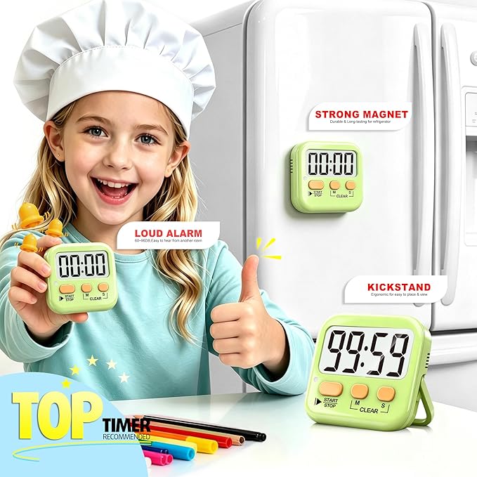 Antonki 2 Pack Digital Timer for Kids, Magnetic Countdown Kitchen Timers for Cooking, Egg, Classroom, Teacher, Exercise, Study, Oven - Battery Included