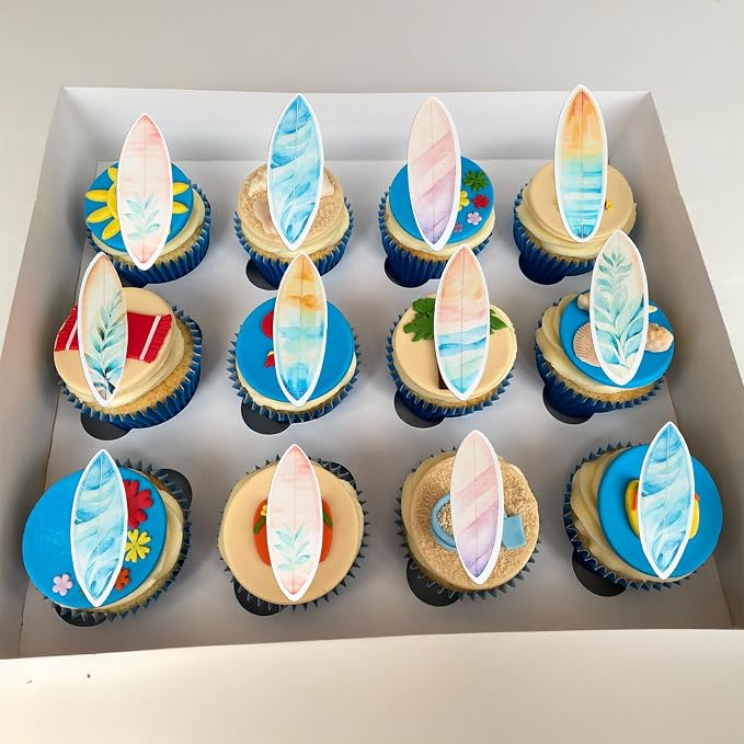 Ephlyn 54Pcs Edible Surfboard Cupcake Toppers Wafer Paper Surfboard Mini Accents for Swimming Pool Summer Beach Party Luau Birthday Baby Shower Party Supplies Blue Pink Yellow