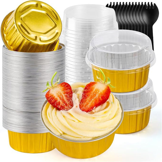 60Pcs Mini Loaf Pans with Lids and Spoons, Aluminum Foil Baking Pans, Round Mini Cake Pan, Brownie Baking Cups for Picnics Party (Gold)