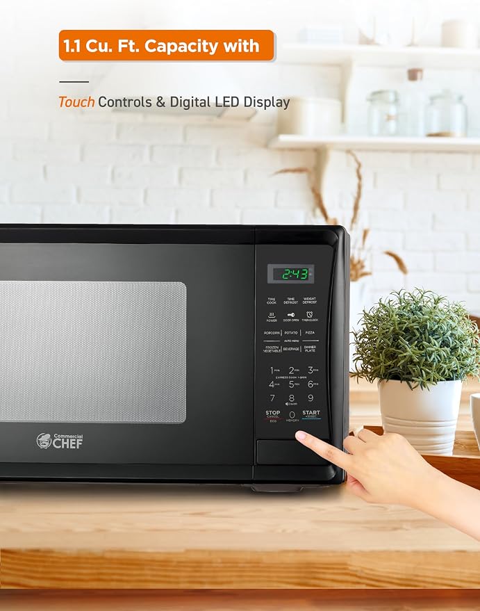 Commercial Chef 1.1 Cu. Ft. Countertop Microwave Oven, Touch Controls with Digital LED Display, 1000W Small Microwave with 12.4” Turntable Plate, Push Button Door, 10 Power Levels, CHM11MB, Black