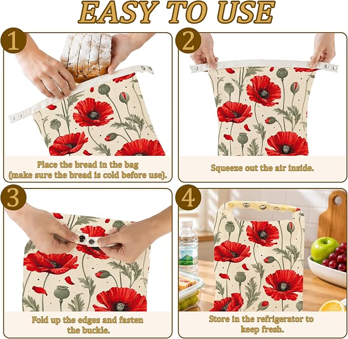 2 Pack Beeswax Red Poppy Bread Bags for Sourdough Homemade Breads, Reusable Beeswax Bread Floral Leaves Storage Bag, Keep Loaves Fresh Longer, Freezer Safe & Airtight, Zero Waste 17 x 13''