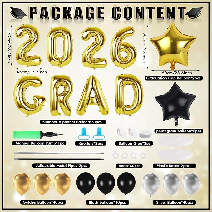 2 Sets Graduation Balloon Column Stand Kits with Balloons 2026 Grad Themed Decoration Navy Blue Balloon Tower Stand Kit for Grad High School & College Celebration Party Decor (Black Gold, 2)
