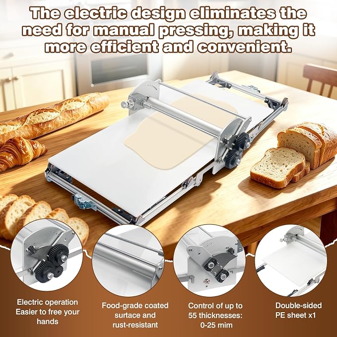 Electric Folding Dough Sheeter Machine, 10 Adjustable Thickness 2-30mm, Stainless Steel Dough Roller for Home Pastry Making& Commercial Bakeries