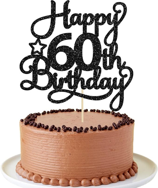 1 Pack Happy 60th Birthday Cake Topper Black Glitter 60 & Fabulous Cheers to 60 Years Old 60th Birthday Cake Pick for Celebrating 60th Birthday Anniversary Party Cake Decorations Supplies