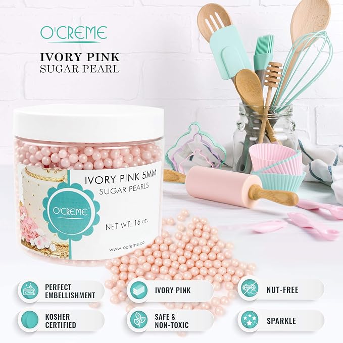 O'Creme Pink-Ivory Edible Sugar Pearls Cake Decorating Supplies for Bakers: Cookie, Cupcake & Icing Toppings, Beads Sprinkles For Baking, Certified, Candy Sugar Ball Accents (5mm, 32 Oz)