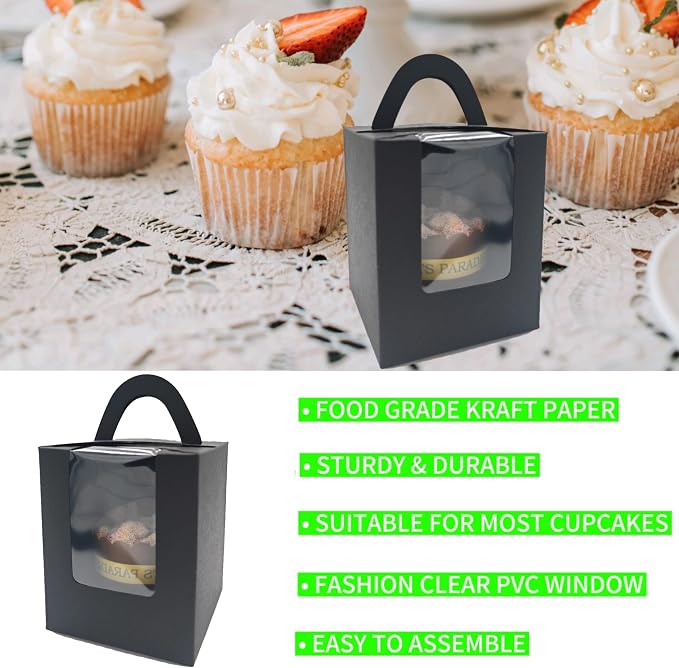 Individual Cupcake Boxes Bulk, 50 Pack Premium Single Cupcake Boxes with Clear Display Window, Food Grade Black Cupcake Carrier Cupcake Container, Perfect for Cupcakes Muffins Cookies