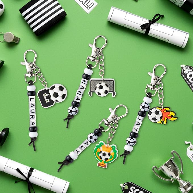 Y1tvei Soccer DIY Keychains Set - Football Beads Charms Making Kit, Create Your Own Bead Keychains with Acrylic and Cards DIY Crafts Bracelet Accessory Gift for Kids Soccer Lover Zipper Bag Hanger Key