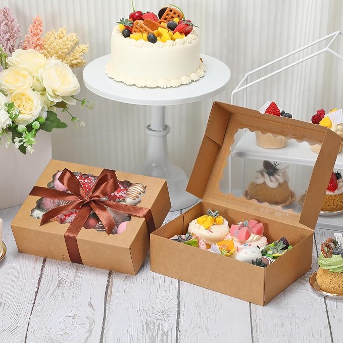 COTOPHER Auto Pop Up Cookie Box with Window 8x6x2.5 Inches – 50 Pack Brown Bakery Boxes with Ribbon for Birthday Party Favors, Wedding, Christmas Gift Packaging for Cookies, Candy, Macarons