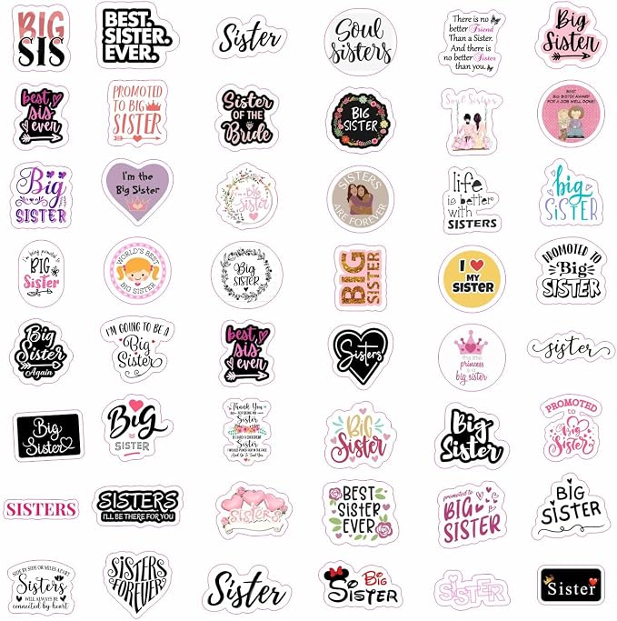 100Pcs Big Sister Stickers for Water Bottle and Laptop - Big Sister Party Supplies & Decorations, Waterproof Vinyl Decals, Sibling and Family Stickers, Gifts for Women & Men