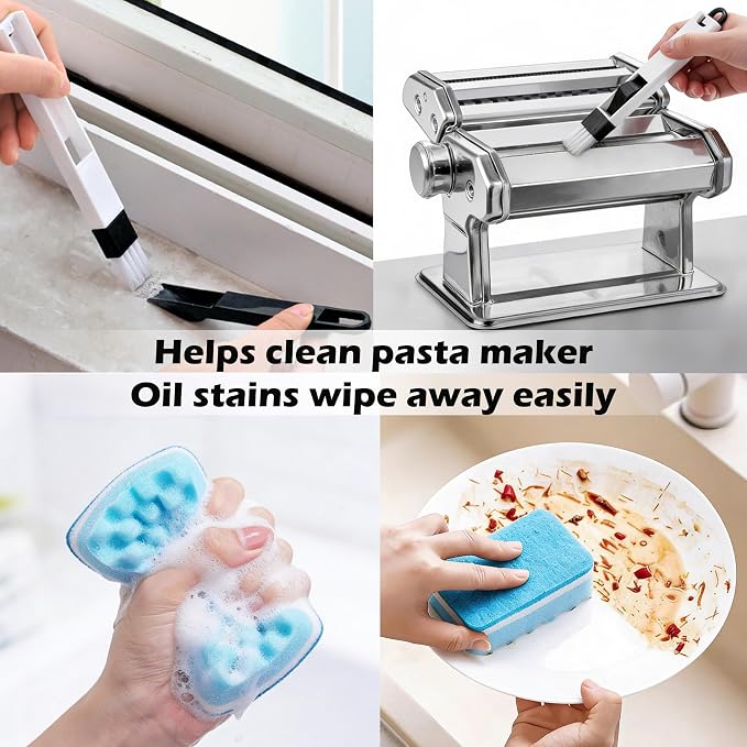 Pasta Maker Machine With 7 Adjustable Thickness Settings, Stainless Steel Manual Noodle Maker,Pasta Roller& Cutters With Removable Handle and Clamp For Kitchen (G-1350+Brush + Sponge)