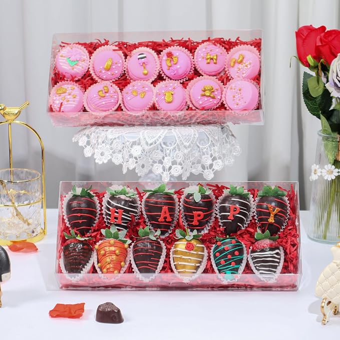 RomanticBaking 12PCS 12x5x2 Inch Clear Treat Boxes for Chocolate Covered Strawberries, Cocoa Bombs, Donuts, Muffins, Pastries, Bakery, Cookie, Macaron, Gift Boxes for Party Favors