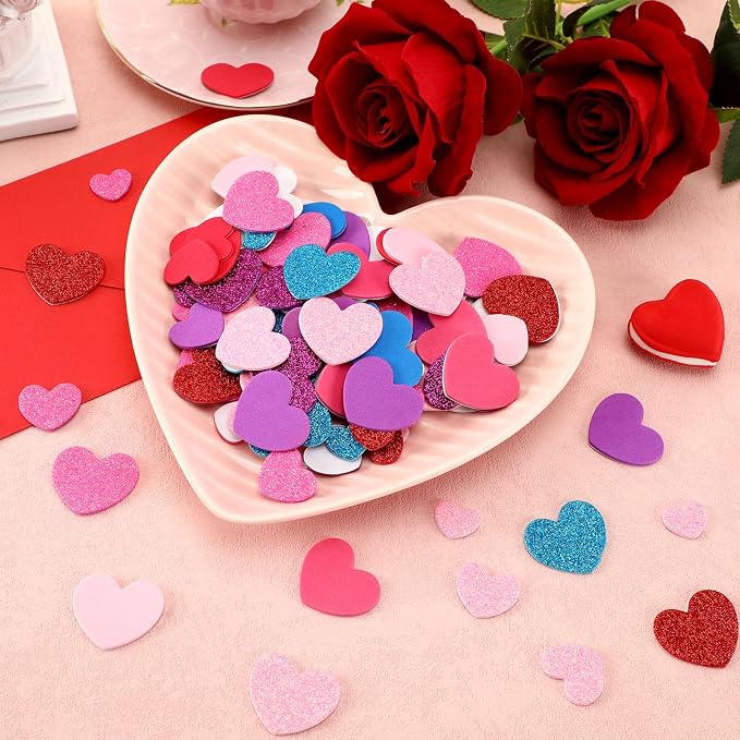 600Pcs Foam Heart Stickers Valentine's Day Glitter Love Sticker | 3 Sizes, Self-Adhesive Heart Decal, Handmade Card DIY Crafts, Love-Themed Projects, Party Favors Decorations, Valentines Gift