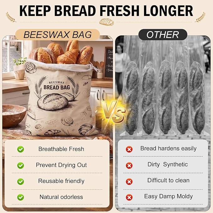 Beeswax Bread Storage Bags for Homemade Sourdough, 2 Pack 13" × 17" Linen Bread Bags with Natural Beeswax Lining, Wide L-Shaped Opening for Large Artisan Loaves, Reusable Bread Keeper（color-A）