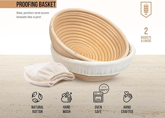 Kook Banneton Bread Proofing Baskets, Artisan Sourdough Bread Making Baskets, 9 Inch Handwoven Rattan Baskets and Cloth Liners, Set of 2, Round