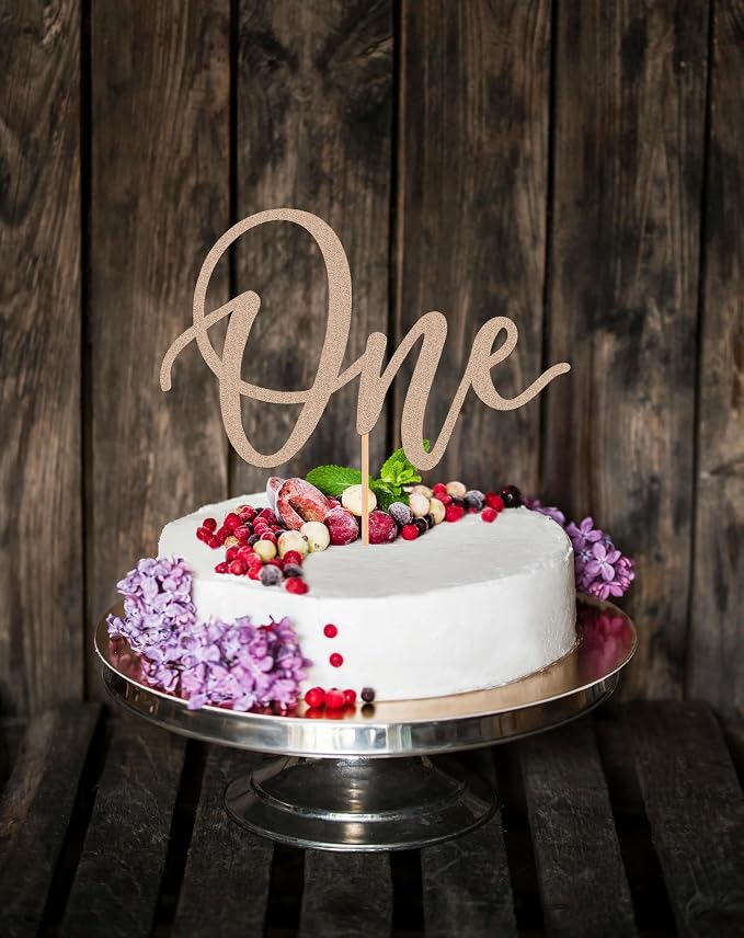 MYAMPED First Birthday Cake Topper - Glitter Dark Blue One Sign 1st birthday Cake Decorating Supplies, Suitable for Baby Shower Favors, Gender Reveal, Birthday Party or Photo Booth Props (Rose Gold)