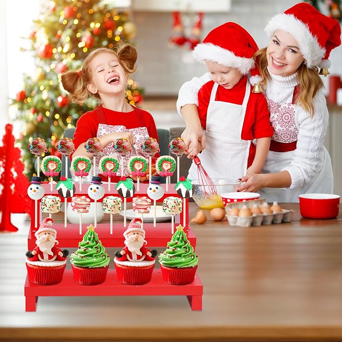 Cake Pop Stand, 3 Tier Wood Cake Pop Holder Display Risers with Twist Ties Lollipop Sticks, 33 Hole Lollipop Holder for Dessert Table of Wedding Birthday Party (Red-1P)