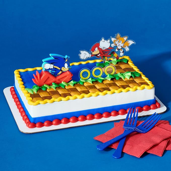 DecoSet Sonic The Hedgehog Cake Topper, 3-Piece Decoration Set With Tails & Knuckles Cake Pic, Rings Cake Pic And Rolling Sonic Action Figurine, For Birthday And Celebrations